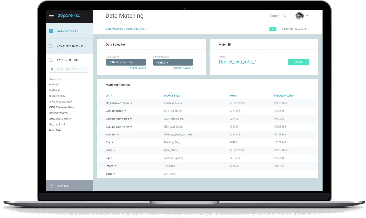 data matching overview list page